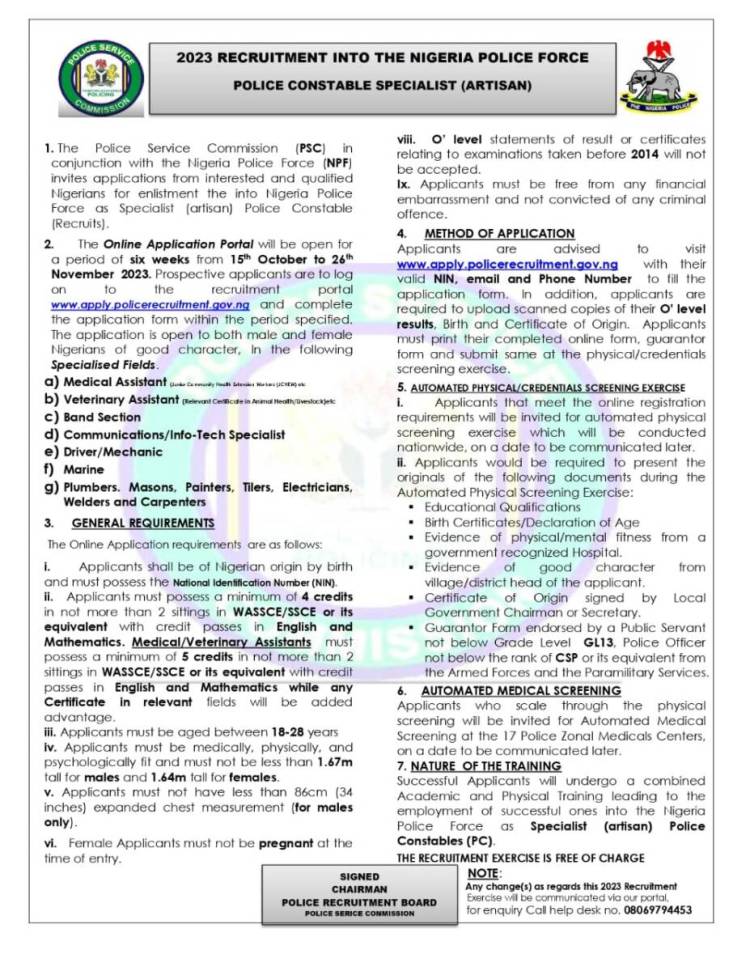 Apply Nigerian Police Recruitment For Constable And Artisans 2023